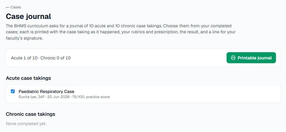 Screenshot of the Case journal page with the counter Acute 1 of 10 and Chronic 0 of 10, the Printable journal button, and one ticked acute case
