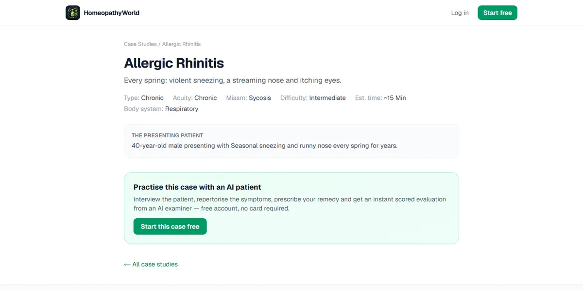 Screenshot of the public case-study page for Allergic Rhinitis on homeopathyworld.in, showing the presenting patient, body system and a button to practise the case