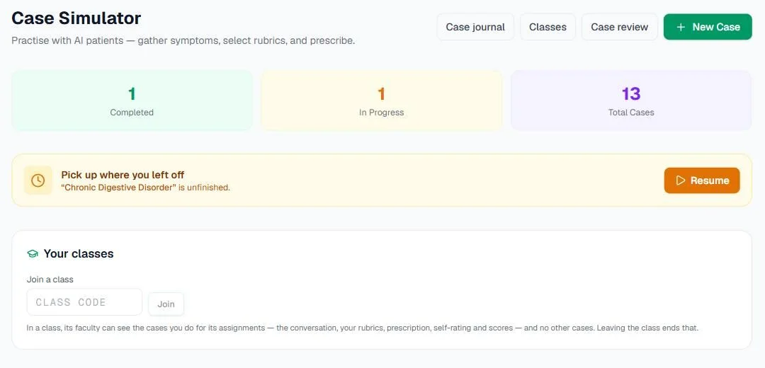 Screenshot of the Case Simulator page: the Case journal, Classes, Case review and New Case buttons, the Completed, In Progress and Total Cases counts, and a Pick up where you left off banner