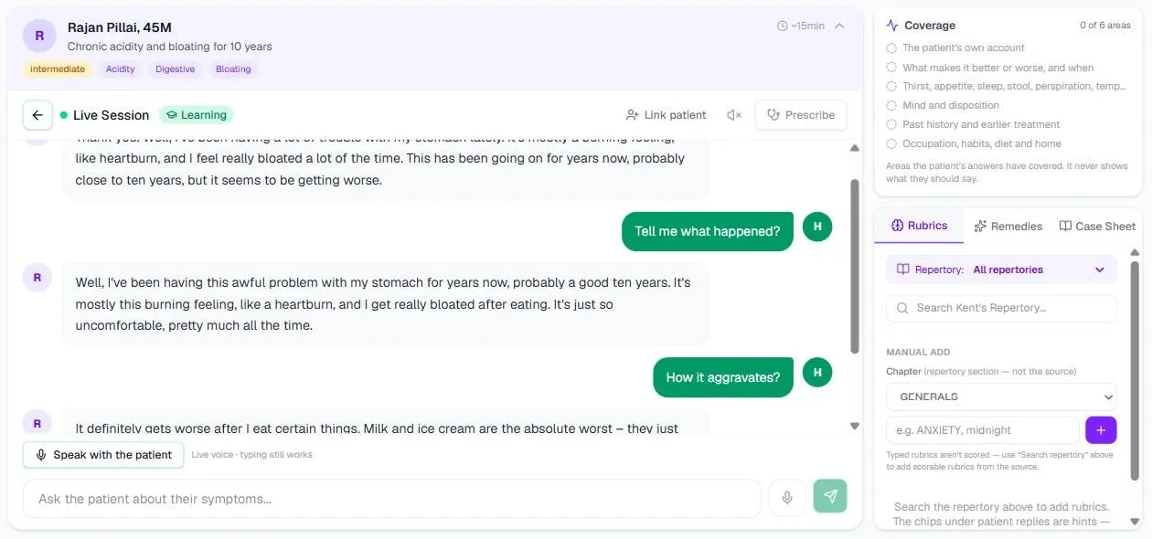 Screenshot of a case in Learning mode on a laptop: the patient card and conversation on the left with Speak with the patient and the message box; on the right the Coverage panel listing six areas, and the Rubrics tab with the repertory dropdown, search box and Manual Add