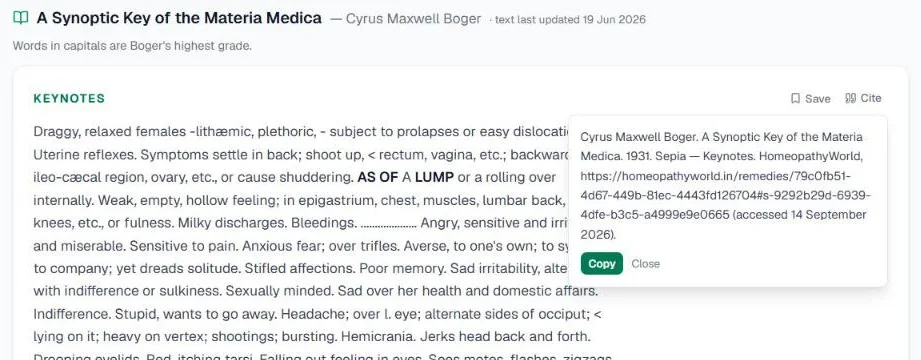 Screenshot of Boger's keynotes for Sepia with the citation box open: Cyrus Maxwell Boger. A Synoptic Key of the Materia Medica. 1931. Sepia, Keynotes, with the link, the date accessed and a Copy button