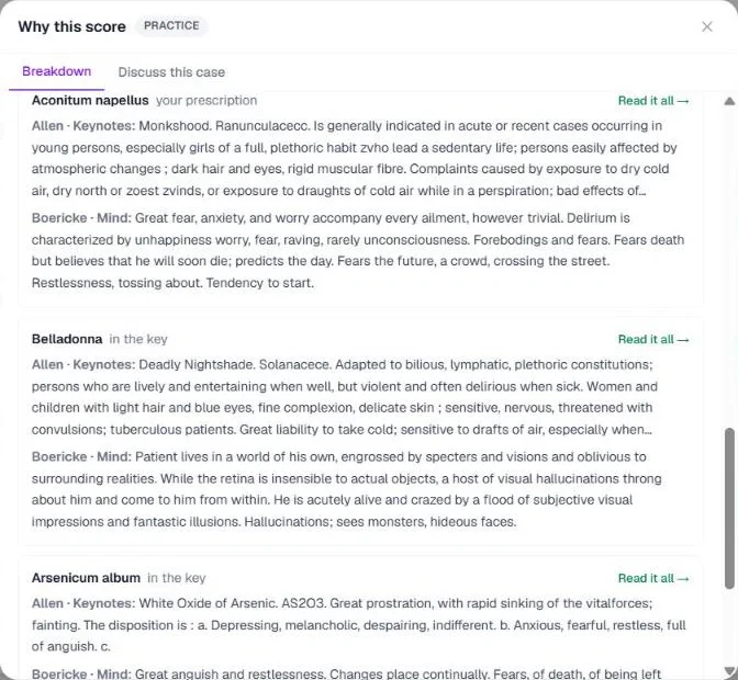 Screenshot of the In the books card in a case debrief: Aconitum napellus marked your prescription, then Belladonna and Arsenicum album marked in the key, each with passages from Allen's Keynotes and Boericke's Mind section