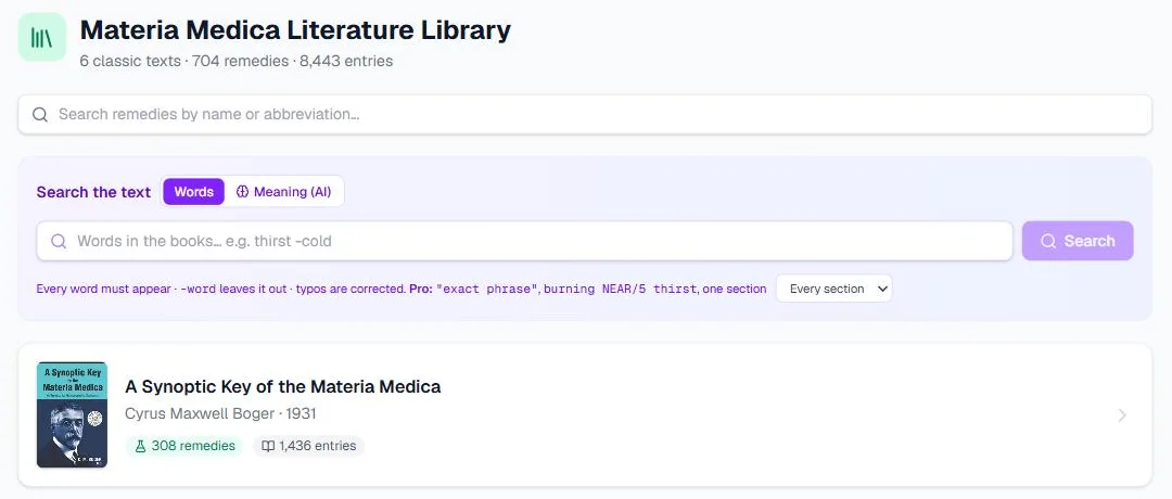 Screenshot of the library's opening screen: the title with 6 classic texts, 704 remedies, 8,443 entries, the name search box, the Search the text panel with Words and Meaning (AI), and the first book, Boger's Synoptic Key