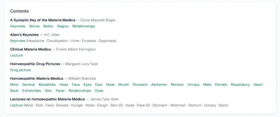 Screenshot of the Contents box on the Sepia page, listing Boger, Allen, Farrington, Tyler, Boericke and Kent, each with links to its sections or lecture