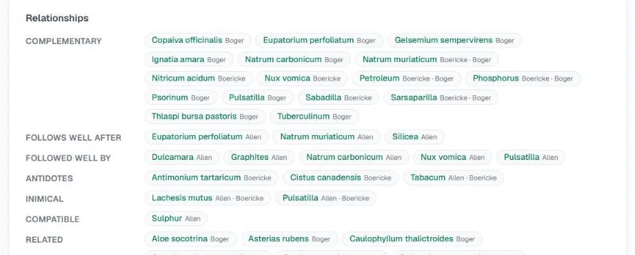 Screenshot of Sepia's relationships: complementary, follows well after, followed well by, antidotes, inimical, compatible and related, each remedy marked Boger, Allen or Boericke
