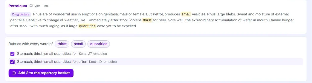 Screenshot of the rubric list under the search results: Stomach, thirst, small quantities, for (Kent, 27 remedies) and the same rubric with often (Kent, 19 remedies), both ticked, and the button Add 2 to the repertory basket