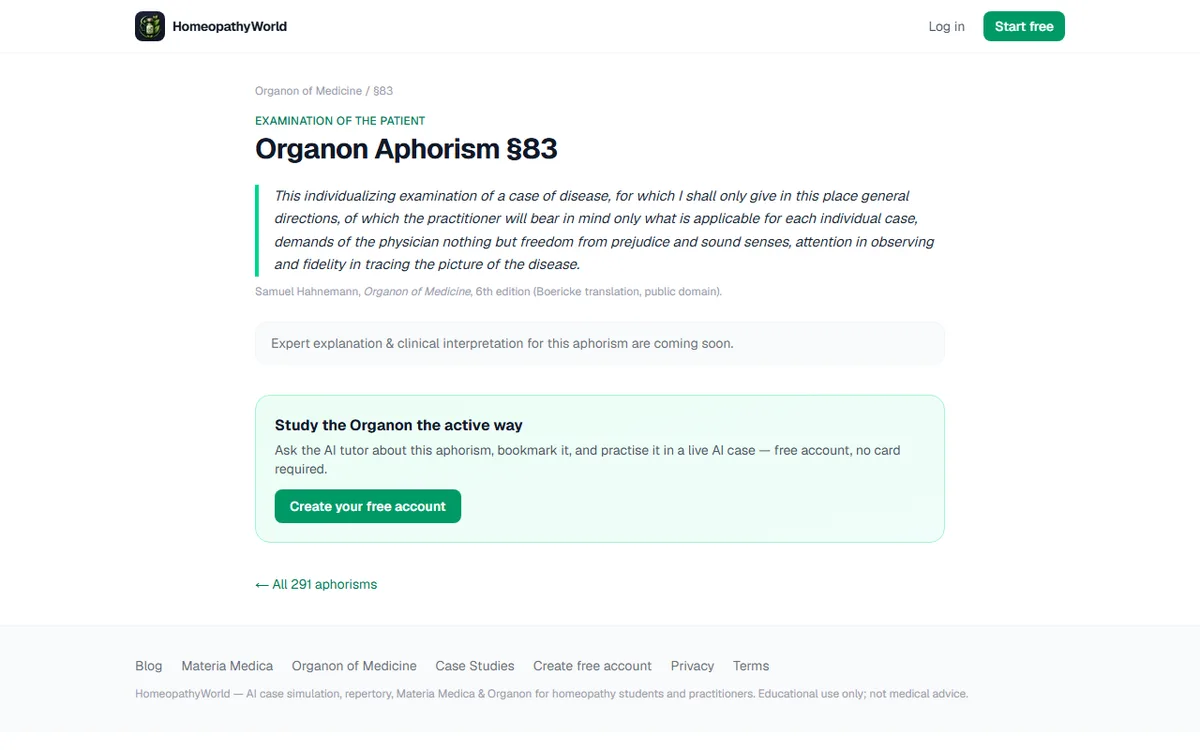 Screenshot of the free public page for Organon aphorism §83, Examination of the patient, with the verbatim text and its source