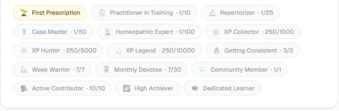 Screenshot of the achievement badges on a profile: First Prescription highlighted as earned, and the others greyed with progress such as Practitioner in Training 1/10, XP Collector 250/1000, Week Warrior 7/7, Community Member 1/1 and Active Contributor 10/10