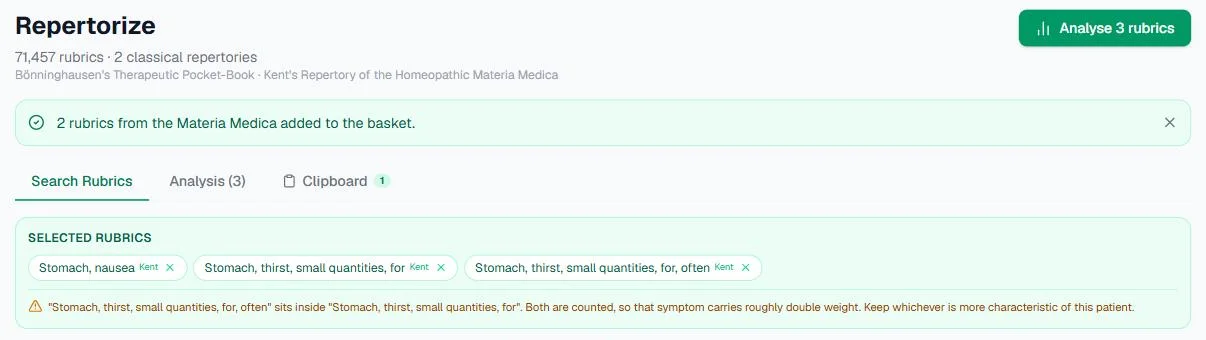 Screenshot of the repertory after the hand-off: the note 2 rubrics from the Materia Medica added to the basket, three rubrics in Selected Rubrics, and an amber note that one rubric sits inside the other