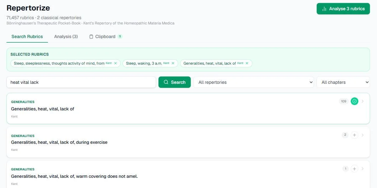 Screenshot of the Search Rubrics tab with three Kent rubrics in the Selected Rubrics basket, the Analyse 3 rubrics button, and search results showing each rubric's chapter, source and remedy count