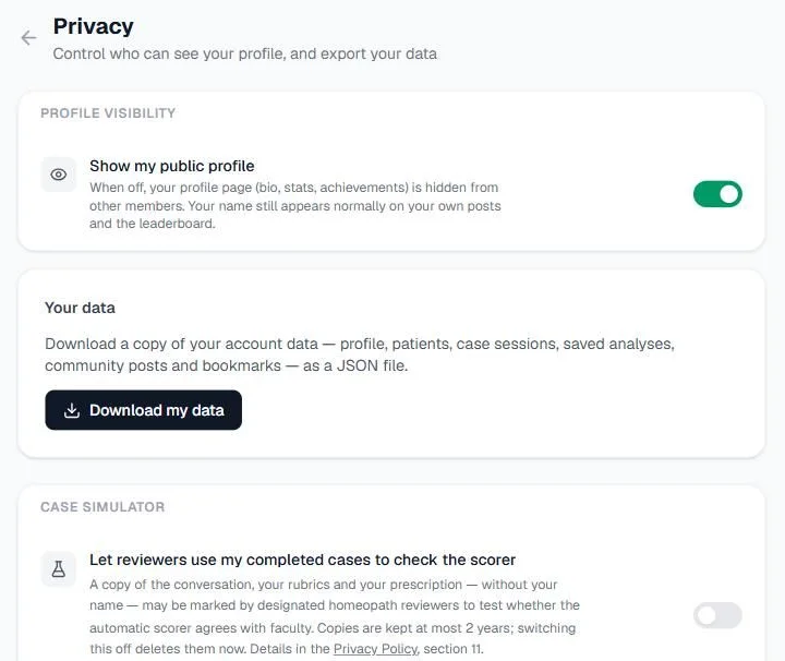 Screenshot of Settings, Privacy: the Show my public profile switch turned on, the Your data card with Download my data, and the Case simulator card with the reviewer switch turned off