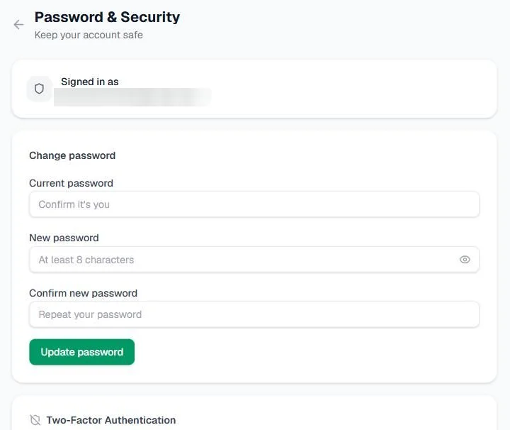 Screenshot of Password and Security: the Signed in as card with the email blurred, the Change password form with Current password, New password and Confirm new password, the Update password button, and the start of the Two-Factor Authentication card